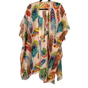 JC Sunny Printed Feather Woven 100% Lightweight Kimono Multicolor Sz One Size